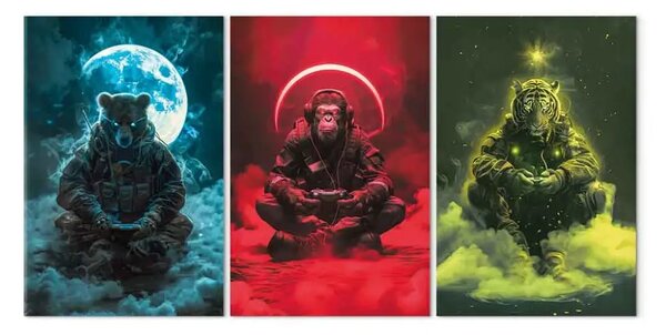 Quadro contemporaneo Personaggi da gioco - orso, scimpanzé e tigre in abbigliamento militare circondati dalla luna