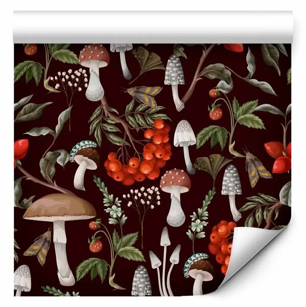 Tappezzerie Frutti del bosco - illustrazione di funghi, sorbi e fragoline su sfondo nero