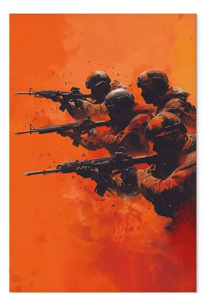 Quadro contemporaneo Squadrone infuocato - soldati in azione con armi sullo sfondo di un cielo fiammeggiante