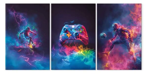 Quadro su tela Scontro energetico - calciatori circondati da energia luminosa e un controller con effetti neon