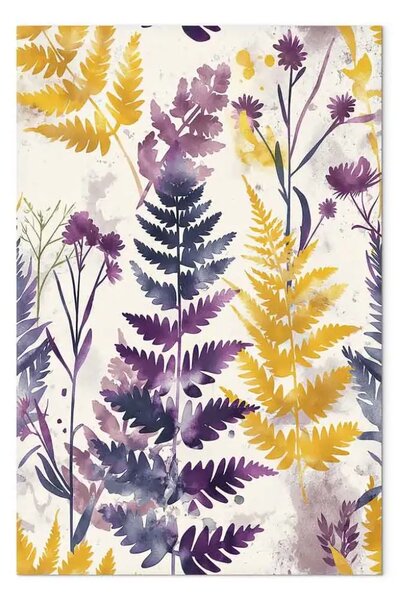 Quadro moderno Gioco di colori - felci gialle e viola in una composizione artistica su sfondo bianco
