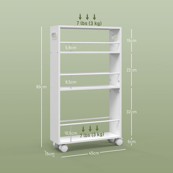 HOMCOM Carrello per Cucina e Bagno Salvaspazio a 3 Livelli con Barre Laterali e Ruote con Freni, 45x15x80 cm, Bianco | Aosom Italy