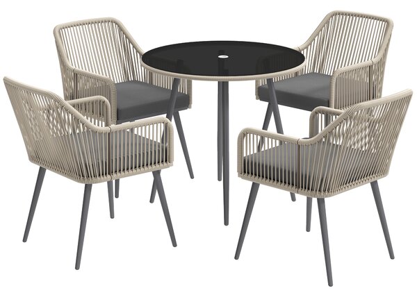 Outsunny Set da Giardino 5 Pezzi in Rattan e Acciaio con 4 Sedie da Esterno e Tavolo Rotondo con Foro, Marrone e Grigio