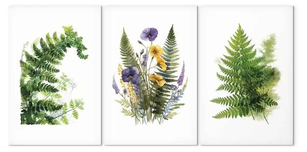 Quadro Bellezza della natura - sfondo bianco e verde delle felci con delicati fiori