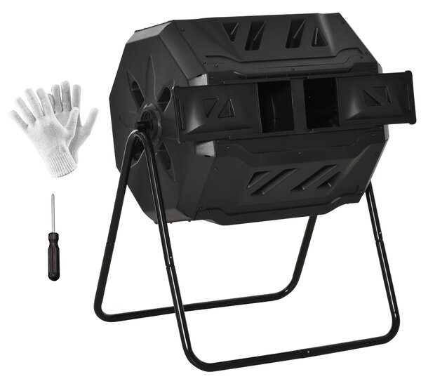 Outsunny Compostiera Domestica da 160L, Compostiera da Giardino e da Balcone in Plastica PP Nera, Bidone per Compost Girevole, 71x64x92cm|Aosom