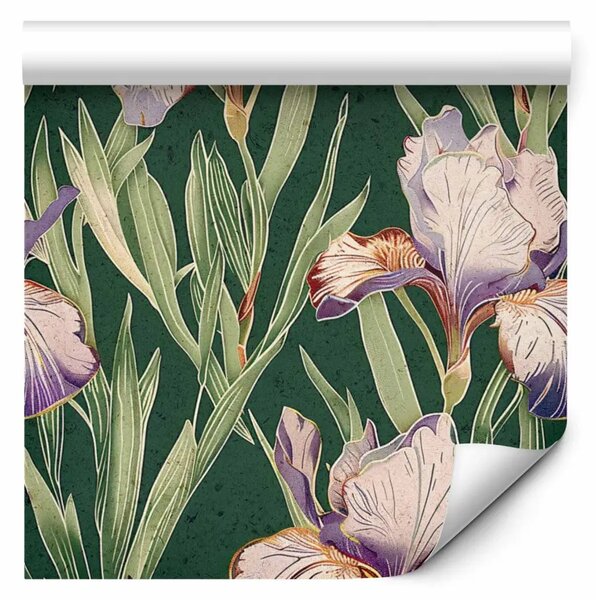 Tappezzerie Incisioni floreali - delicati iris viola su sfondo verde scuro