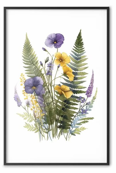 Poster: Fiori e felci - delicato acquerello di piante nei toni del viola e del giallo