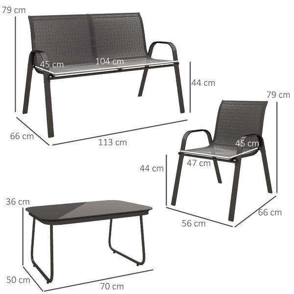 Outsunny Set da Giardino con Divano 2 Posti, 2 Poltrone Impilabili e Tavolino in Vetro, Nero