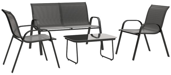 Outsunny Set da Giardino con Divano 2 Posti, 2 Poltrone Impilabili e Tavolino in Vetro, Nero