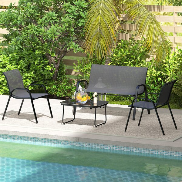 Outsunny Set da Giardino con Divano 2 Posti, 2 Poltrone Impilabili e Tavolino in Vetro, Nero
