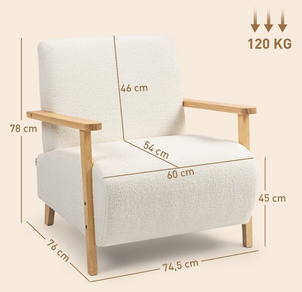 HOMCOM Poltrona da Salotto con Braccioli e Gambe in Legno, in Tessuto Sherpa e Stile Nordico, Crema | Aosom Italy