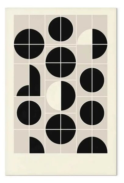 Quadro moderno Ispirato Bauhaus - cerchi e semicirchi in bianco e nero in disposizione simmetrica