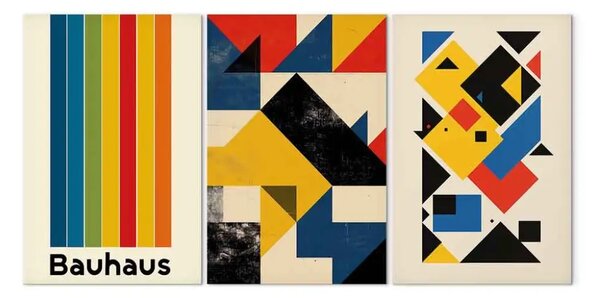 Quadro Ispirato Bauhaus - linee colorate, triangoli e quadrati in composizione astratta