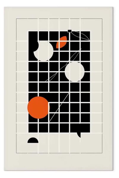 Quadro contemporaneo Ispirato Bauhaus - figure geometriche arancioni e bianche su sfondo di rete nera