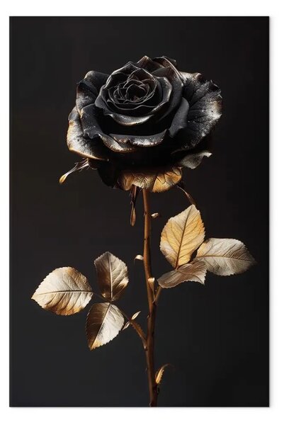 Quadro su tela Bellezza nei toni scuri - rosa nera con foglie scintillanti d'oro
