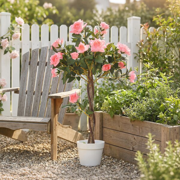 Outsunny Pianta Finta di Rosa da 21 Fiori con Vaso Riempito in Cemento e Muschio, Ø18x90 cm, Rosa | Aosom Italy