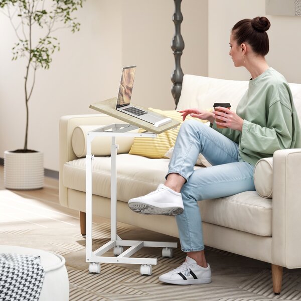HOMCOM Tavolino da Lavoro Regolabile con Piano Inclinabile e 4 Ruote, in Legno e Metallo, 55x36x62.5-82.5 cm, Bianco e Rovere | Aosom Italy