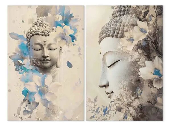 Quadro moderno Buddha e fiori - tema Zen in tonalità seppia e azzurri leggeri