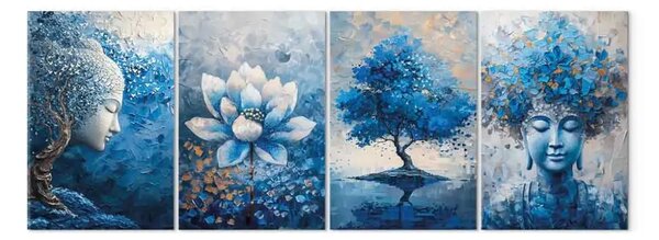 Quadro contemporaneo Natura azzurra - Buddha dell'albero e fiore bianco in un'interpretazione zen tranquilla