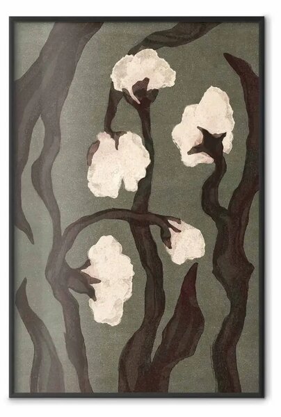 Poster: Fiori della notte - illustrazione di cotone su sfondo verde consumato