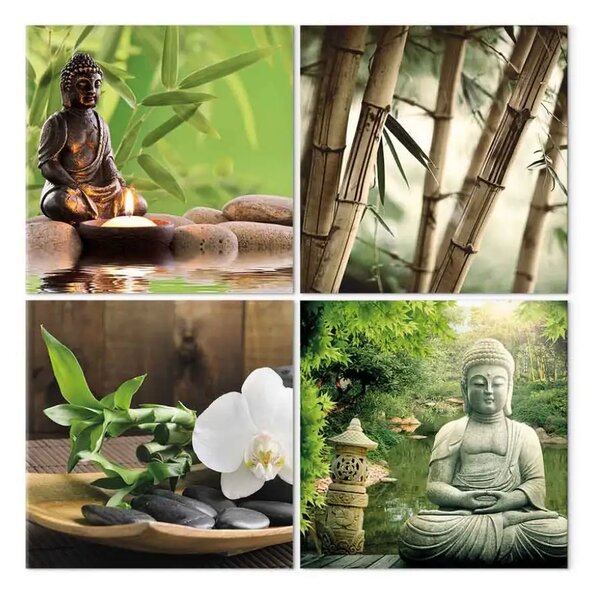 Quadro moderno Set Buddha - motivo naturale di orchidee e bambù