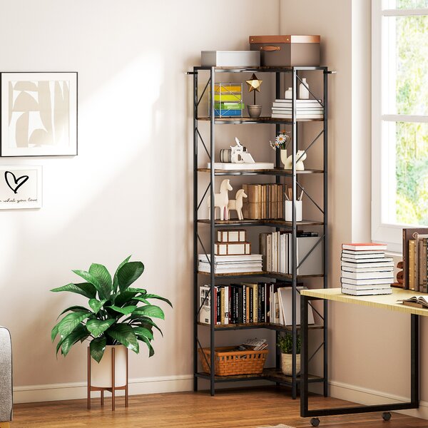 HOMCOM Libreria Angolare Industriale a 7 Livelli, in Legno e Acciaio, 60x60x198 cm, Marrone Rustico | Aosom Italy