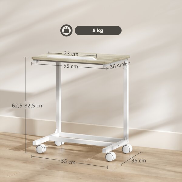 HOMCOM Tavolino da Lavoro Regolabile con Piano Inclinabile e 4 Ruote, in Legno e Metallo, 55x36x62.5-82.5 cm, Bianco e Rovere | Aosom Italy