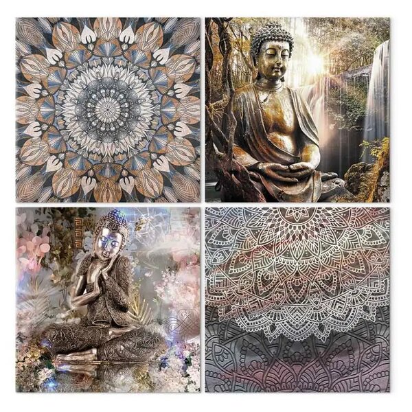 Quadro moderno Set Buddha e mandala - grafiche riccamente decorate in tonalità di rame