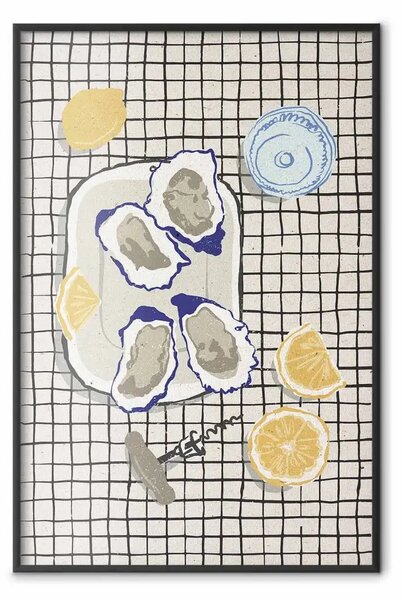 Poster: Gusto del mare - ostriche con limone su piatto decorativo con accessori