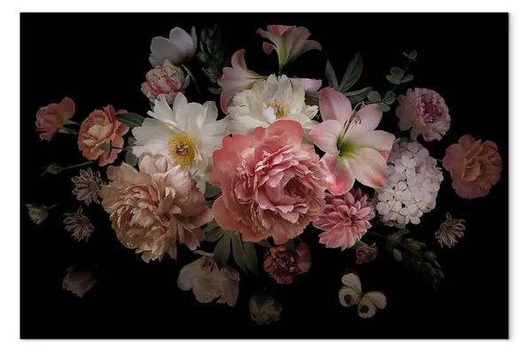 Quadro moderno Bouquet di fiori - peonie su sfondo scuro con luce barocca