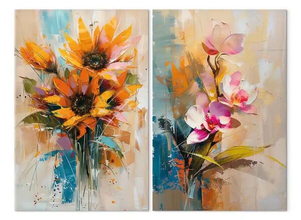 Quadro moderno Fiori colorati - girasoli e orchidee su sfondo beige