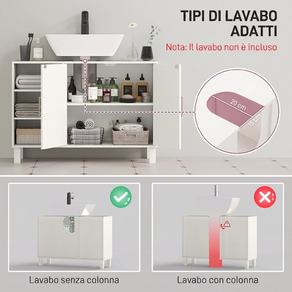 HOMCOM Mobile Sottolavabo per Bagno a 2 Ante, Ripiani Aperti, Ripiani Regolabili, Adatto a Lavabi senza Colonna, 90x30x63 cm, Crema | Aosom Italy