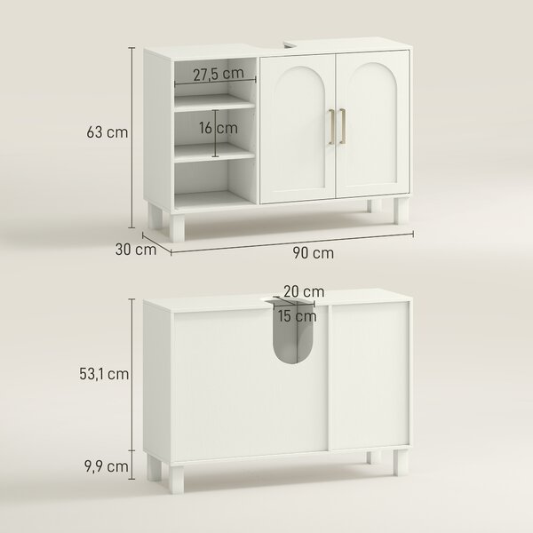 HOMCOM Mobile Sottolavabo per Bagno a 2 Ante, Ripiani Aperti, Ripiani Regolabili, Adatto a Lavabi senza Colonna, 90x30x63 cm, Crema | Aosom Italy