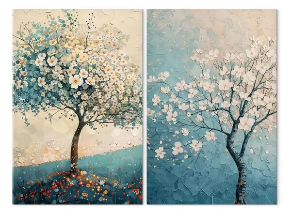 Quadro Alberi di ciliegio in fiore - natura fiorita in sfumature bianco-azzurre