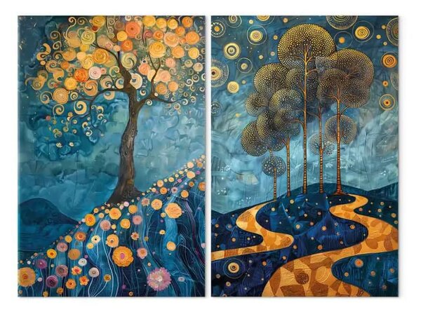 Quadro Ispirazione art déco - alberi in una reinterpretazione azzurra in stile art déco