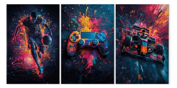 Quadro su tela Esplosione di intrattenimento - calcio, corse e controller di gioco in colori dinamici