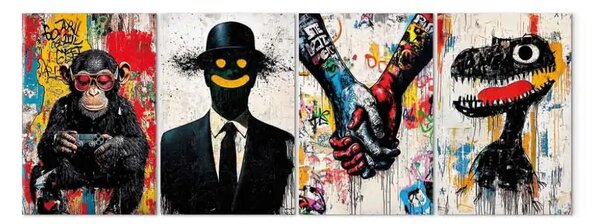 Quadro contemporaneo Street art mix - figure multicolori e simboli in tecnica graffiti