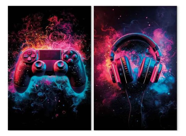 Quadro moderno Gaming colorato - controller di gioco e cuffie in bagliore neon