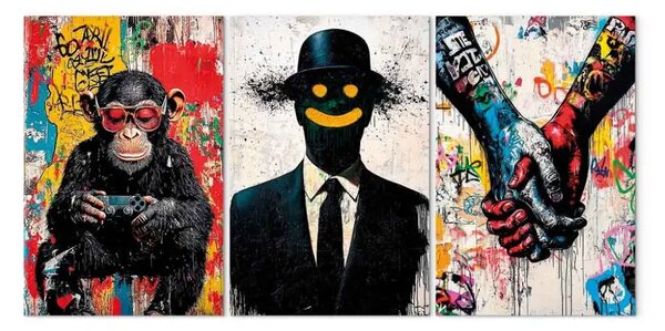 Quadro moderno Arte della ribellione - scimmia con controller di gioco e figura sorridente con mani
