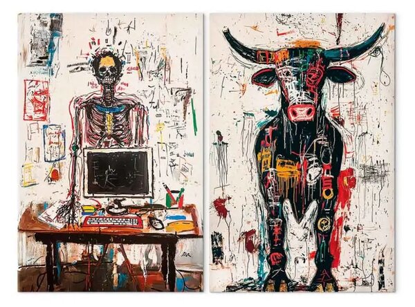 Quadro contemporaneo Schizzi astratti - scheletro con computer e toro nello stile di Basquiat