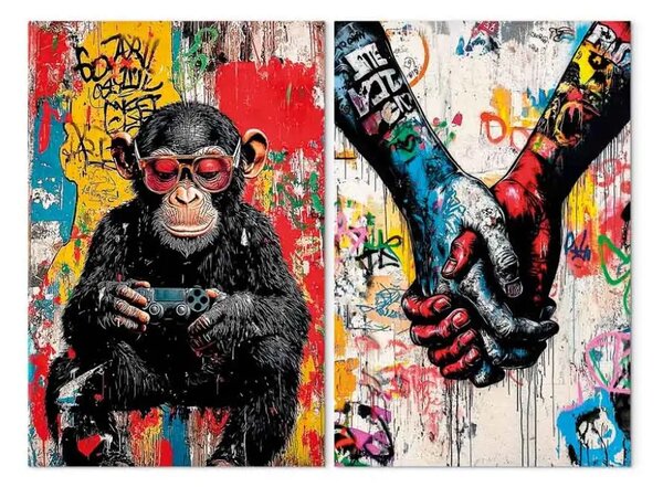 Quadro contemporaneo Street art amicizia - scimmia con controller di gioco e mani in stile graffiti