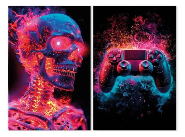 Quadro Scheletro infuocato - teschio al neon e controller di gioco in vernice colorata