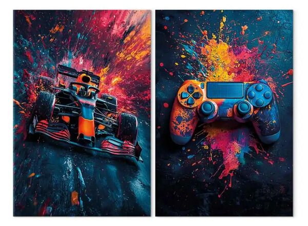 Quadro Espressione da corsa - bolide F1 e controller di gioco coperti di colori esplosivi