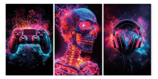 Quadro Bagliore futuristico - controller di gioco, teschio e cuffie in colori al neon
