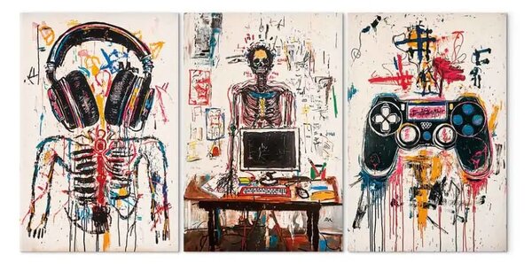 Quadro contemporaneo Anatomia digitale - graffiti con teschio, controller di gioco e cuffie