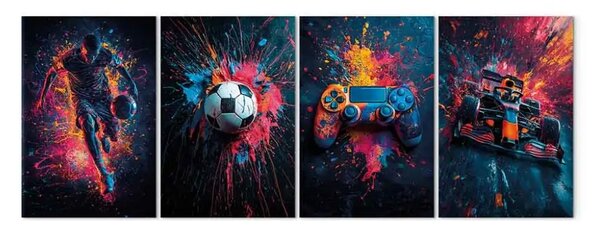Quadro moderno Essenza dell'intrattenimento - scene colorate di calcio, corse e videogiochi