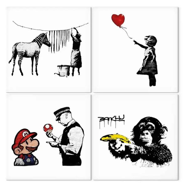 Quadro su tela Set di Banksy - graffiti iconici con elementi di surrealismo