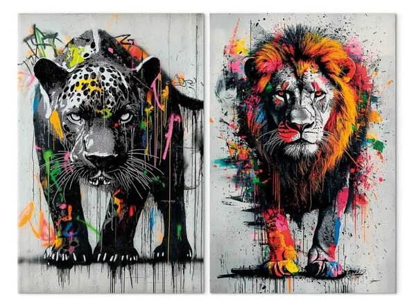 Quadro Natura selvaggia - street art con silhouette realistiche di leone e leopardo