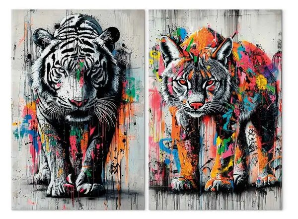 Quadro contemporaneo Bestie colorate - tigre e lince in stile street art su sfondo di graffiti