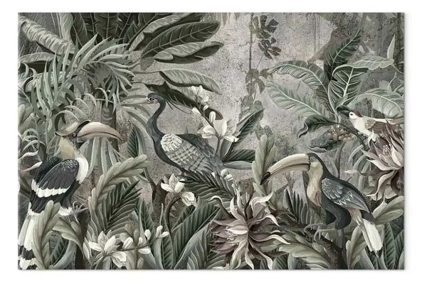 Quadro Giungla - foresta esotica e uccelli in tonalità di verde spento